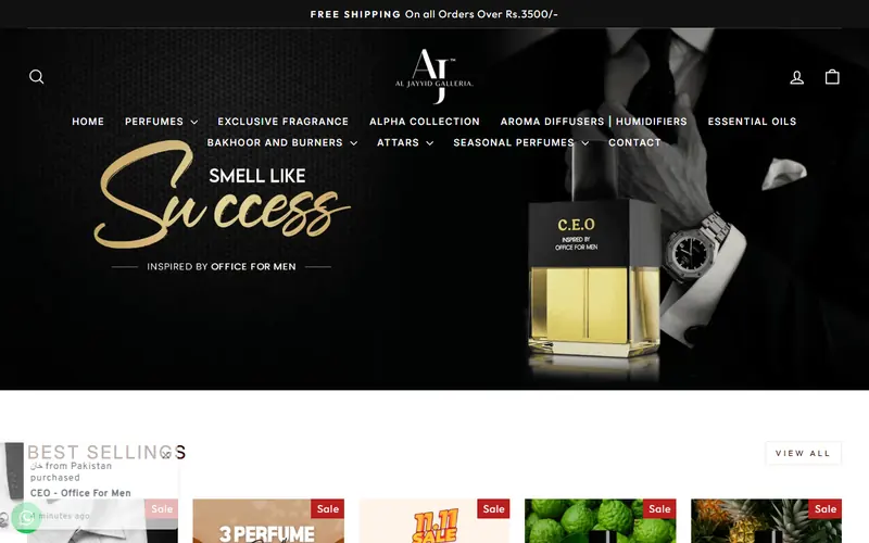 Al Jayyid Galleria perfume storefront with a Smell Like Success hero banner