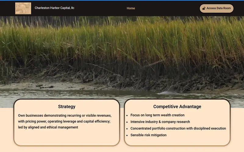 Charleston Harbor Capital website showing strategy and competitive advantage cards over a marsh photograph