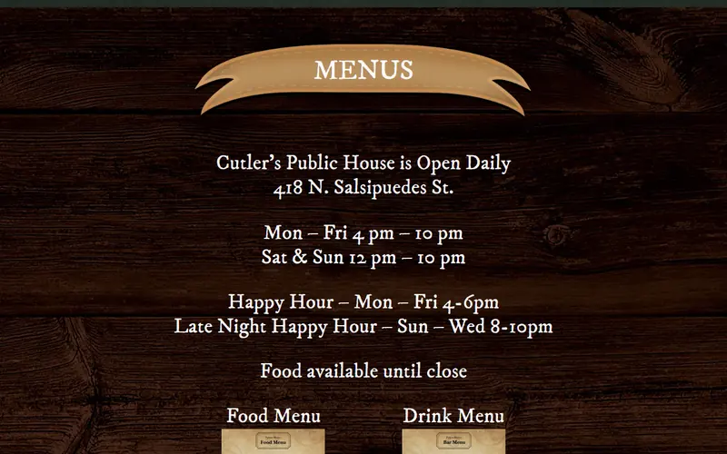 Cutlers Artisan menus section on a dark wood background listing public house opening hours