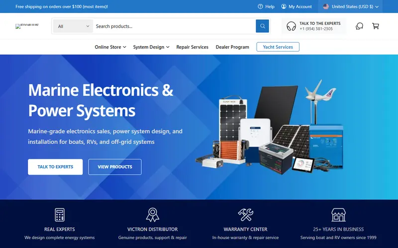 e Marine Systems storefront showing marine electronics and power systems product categories