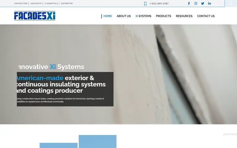 Facades Xi website promoting American-made exterior insulating systems and coatings