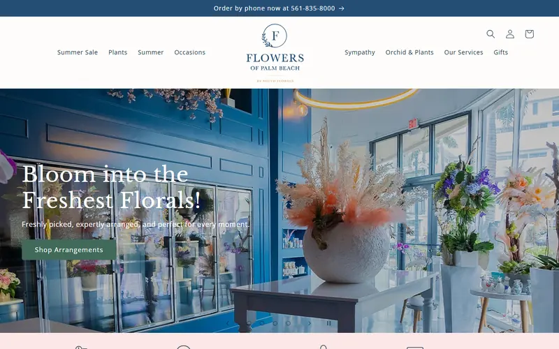 Flowers of Palm Beach storefront with a floral arrangement hero and a shop arrangements button