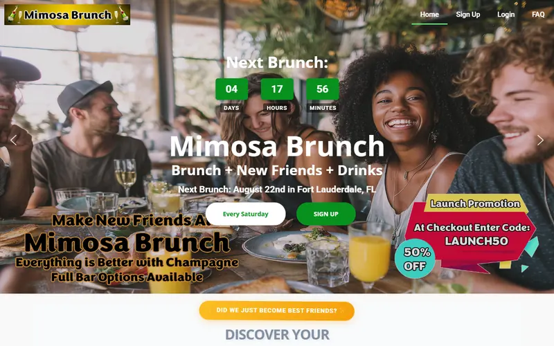 Mimosa Brunch event website with a countdown timer to the next brunch and a signup call to action