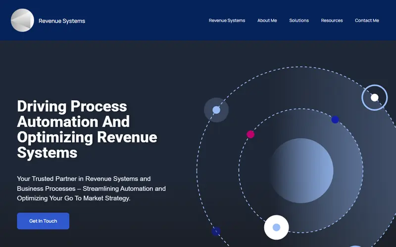 Revenue Systems homepage with a process automation headline and an orbiting planet graphic