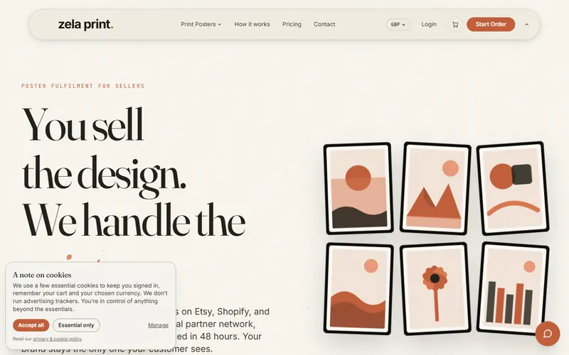 Zela Print homepage showing the print-on-demand service headline and product illustrations