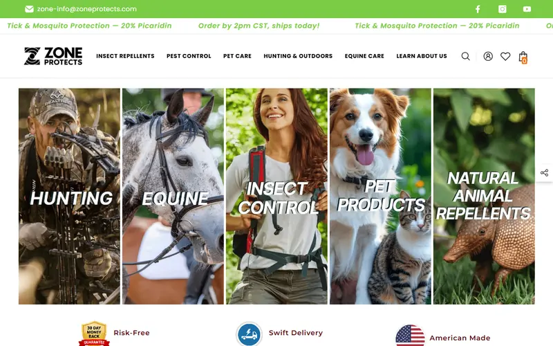 Zone Protects storefront with category tiles for hunting, equine, insect control, and pet products